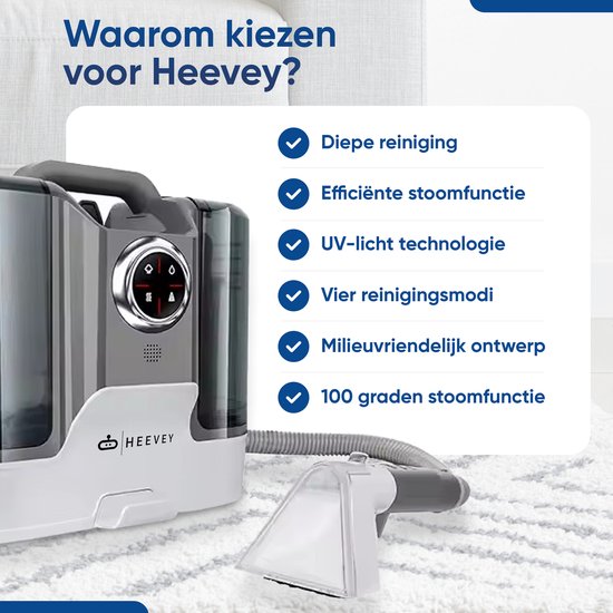 Heevey - Dampfreiniger - mit 100° Grad Dampffunktion - 3 Aufsätze - 1800ml Wassertank - Grau