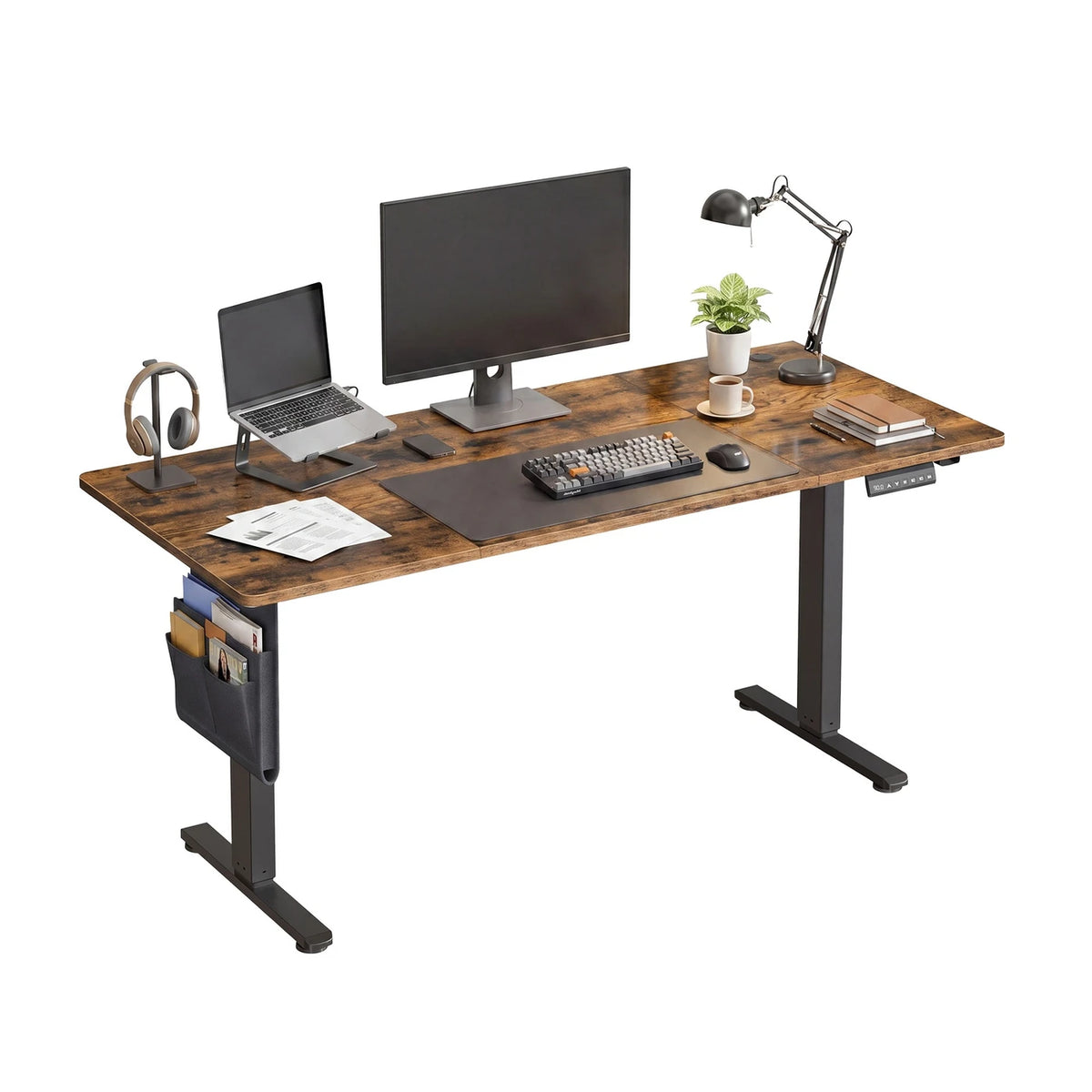 Joyfurnos Elektrischer Steh-Sitz-Schreibtisch 140 x 60 cm – Höhenverstellbar mit Speicherfunktion – USB-C – Braun
