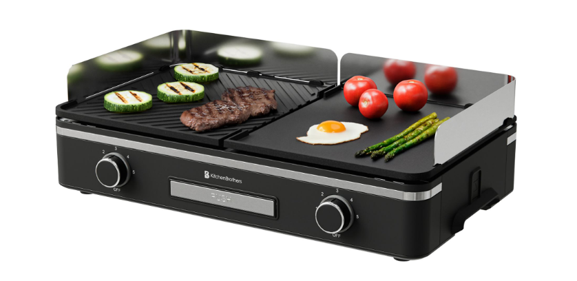 KitchenBrothers Elektrische Grillplatte KB4204 - 2400W - 2 Zonen - Gerippt & Flach - Schwarz - 50x30 cm