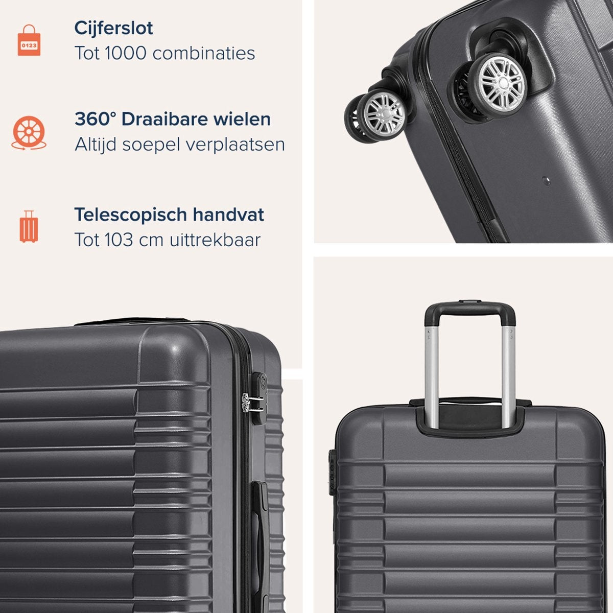 TRVLMORE - Kofferset - 3 Stück - 38L (Handgepäck) + 70L + 110L - Dunkelgrau