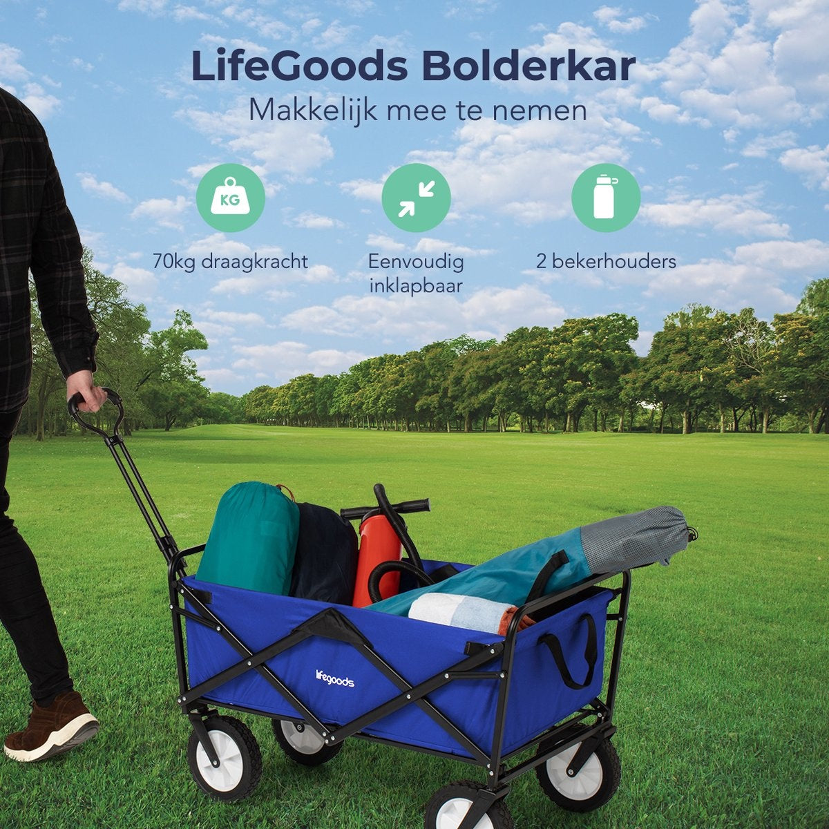 LifeGoods Bollerwagen - faltbar - drehbare Räder - 2 Ständer - 70kg Tragfähigkeit - Blau