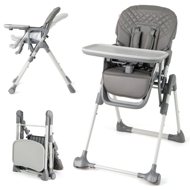 Coast Klappbarer Kinderstuhl mit Liegefunktion – Verstellbarer Baby-Kinderstuhl mit 5-Punkt-Gurt, Rollen und abnehmbarem Tablett – Grau