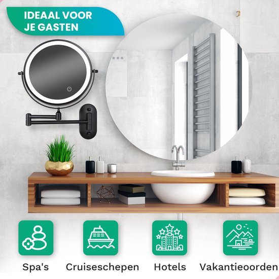 Make-up-Spiegel mit Led-Beleuchtung - 5X Vergrößerung - Wandspiegel rund - Rasierspiegel Wandmodell - Badezimmer - Dusche - Schwarz