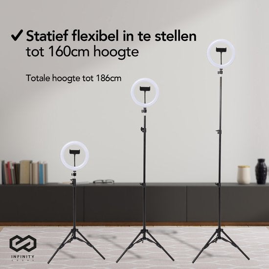 Infinity Goods Ringlicht mit Stativ - LED - 3 Farben - Verstellbares Stativ bis zu 186m - Inklusive Stecker - Selfie Ringlicht für Tiktok / Instagram / Youtube / Streaming / Arbeiten zu Hause - Schwarz