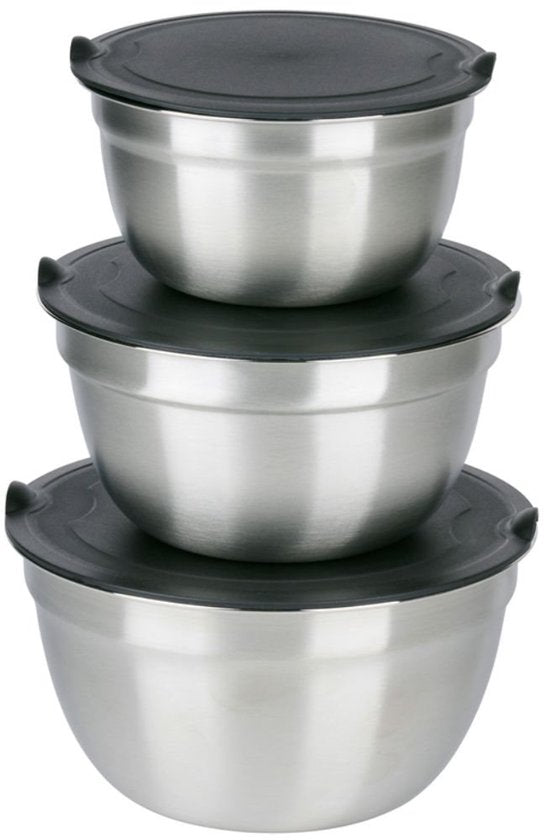Alpina Edelstahl-Schüsseln, 3-teilig mit Deckel – Salatschüssel – Rührschüssel mit Deckel – Schüsseln zum Mischen und Aufbewahren – Snackschale