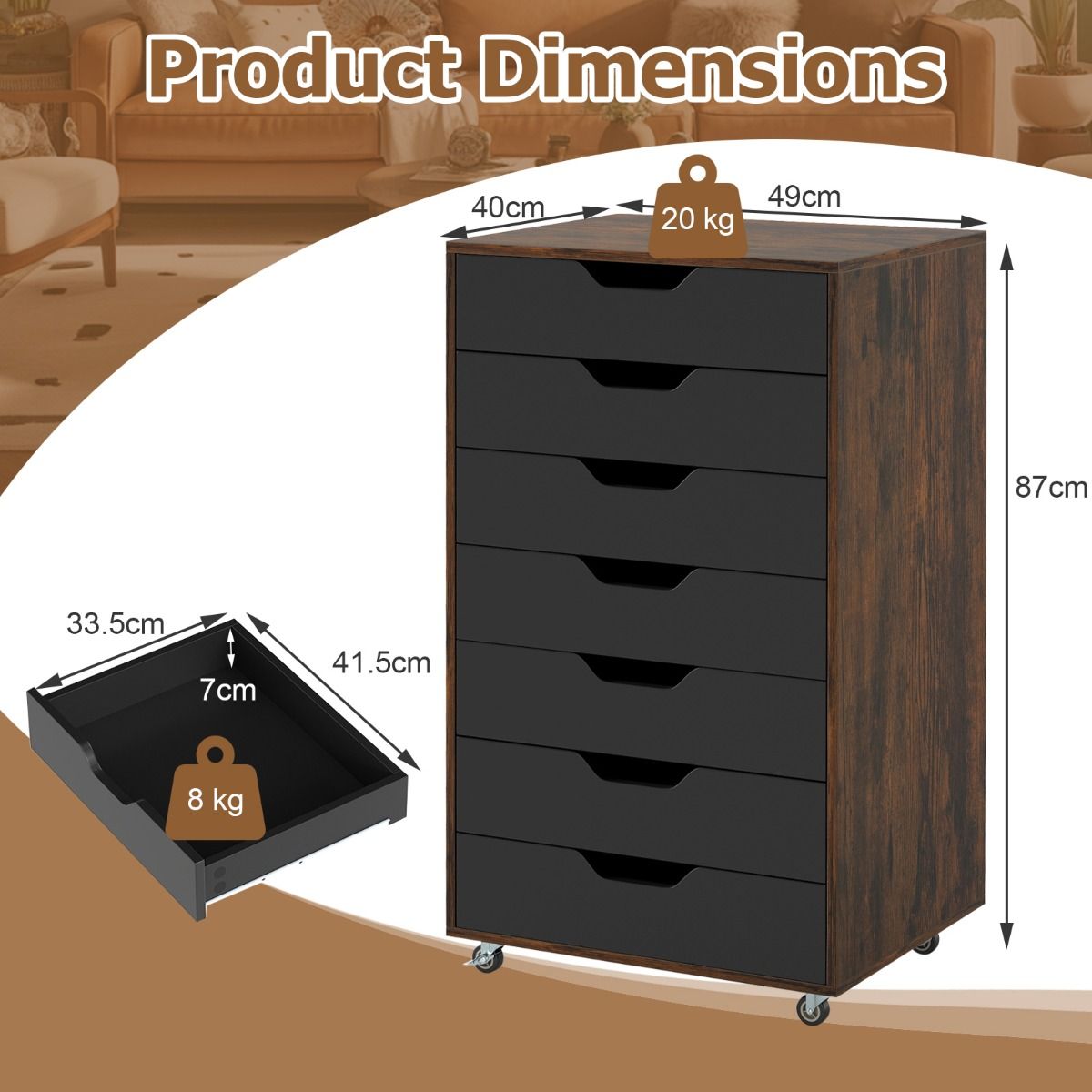 Coast Rollbare Holzkommode mit 7 Schubladen und Rollen – 49 x 40 x 89 cm – Rustikales Braun/Schwarz