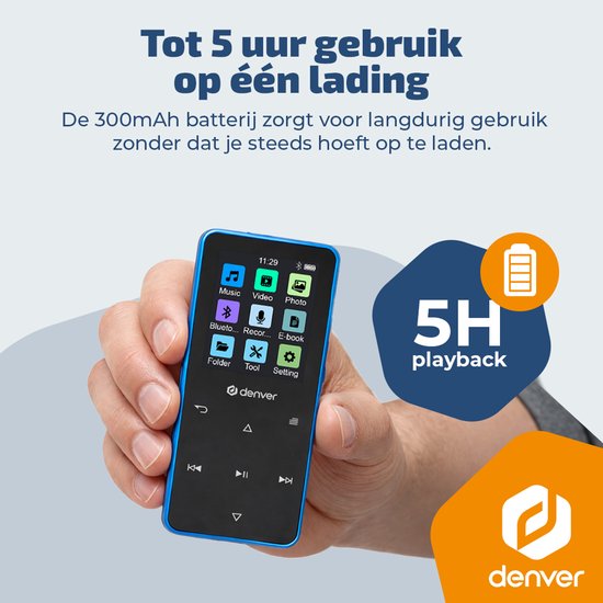 Denver MP3/MP4-Player – Bluetooth – Zufallswiedergabe/Wiederholung – SD-Karte bis zu 128 GB – inkl. Ohrhörer – Diktiergerät – MP1830BU – Blau
