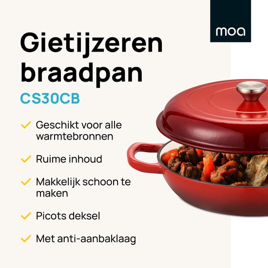 MOA Gusseisen-Kasserolle - 3,5L - Für alle Wärmequellen inkl. Induktion - Mit Deckel - Ø 30cm - Antihaftbeschichtung - Rot