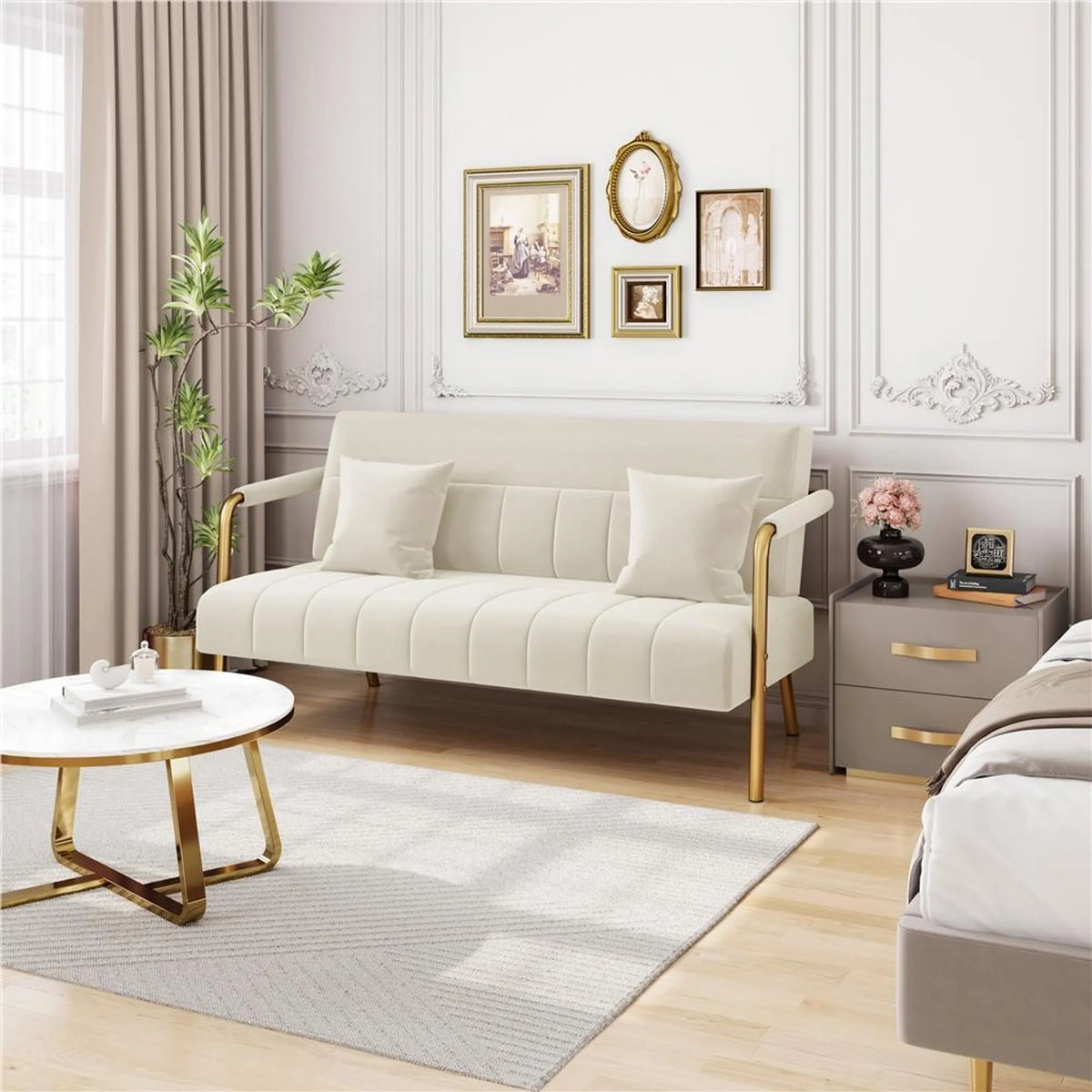 2-Sitzer-Stoffsofa mit Armlehnen und Metallbeinen, beige, 143,5 × 71,5 × 75,5 cm