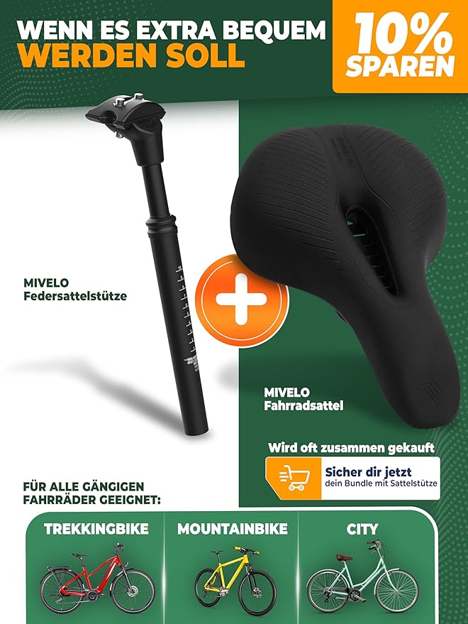 MIVELO Federsattelstütze - Einstellbar - 40 mm Federweg - Max. 120 kg - 31.6 mm - Schwarz