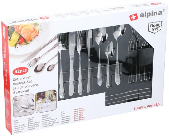 alpina Besteckset für 6 Personen – 42-teiliges Besteckset – Messer, Löffel, Gabeln, Teelöffel und Kuchengabeln aus Edelstahl – spülmaschinenfest – glänzendes Silber