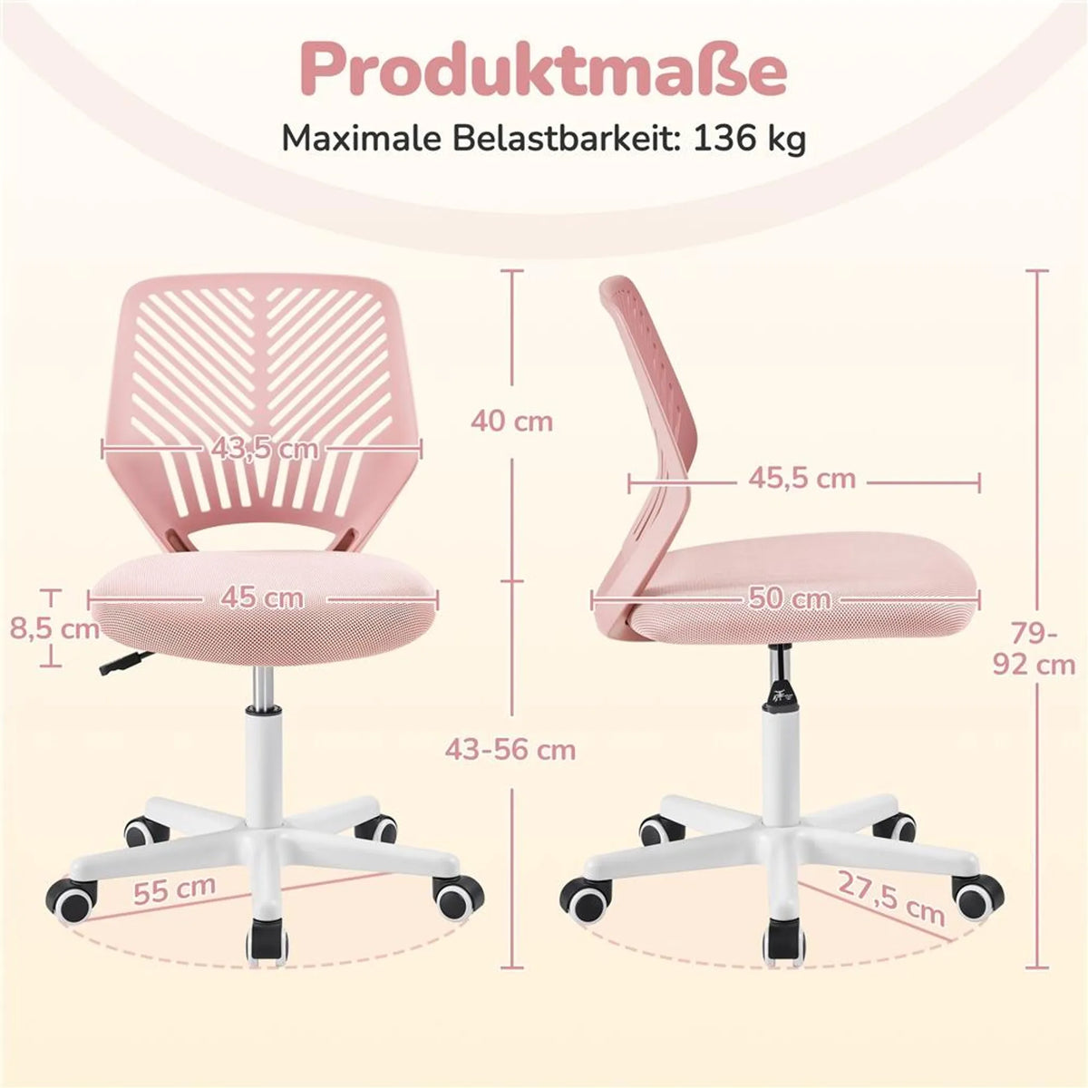 Bürostuhl ohne Armlehnen, höhenverstellbar und um 360° drehbar, hellrosa