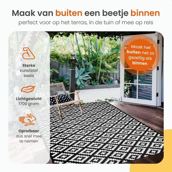 Goliving Outdoor Teppich Summer Diamond - 183x290CM - Gartenteppich - Outdoor Teppich - Teppich - Gartenteppich - Reversibel - Inkl. Tragetasche - Schwarz/Weiß