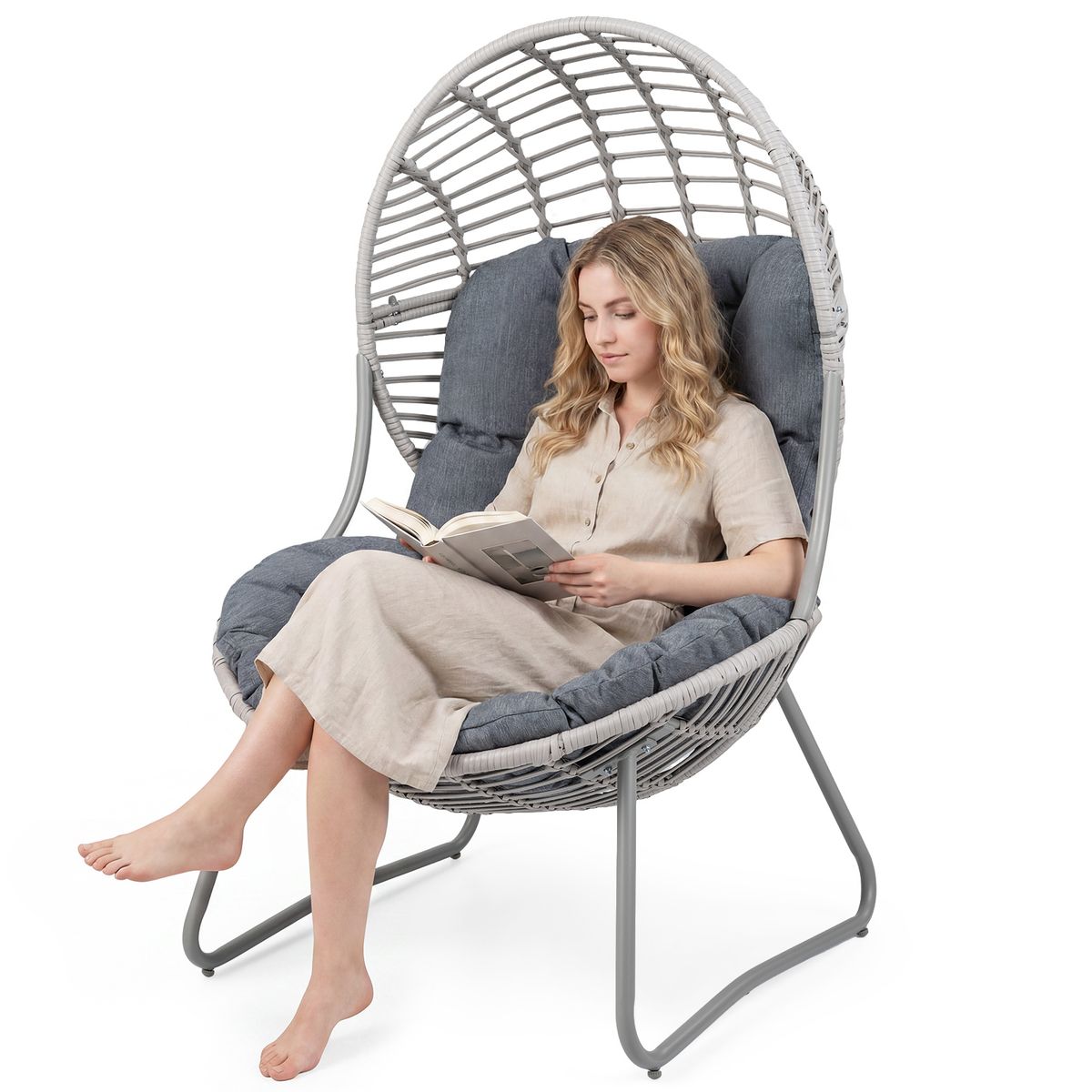 Coast Rattan-Liegestuhl – eiförmiges Design – abnehmbare Kissen – grau