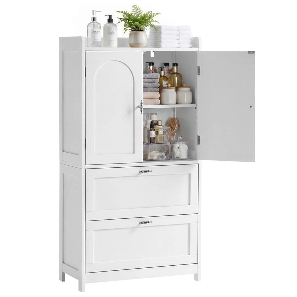 Yaheetech Badezimmerschrank mit 2 Türen und 2 Schubladen, 60 x 30 x 115 cm, Weiß
