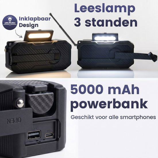 Solarbetriebenes Notradio mit Handaufzug – FM/AM-Notradio – 5000-mAh-Powerbank mit Solarladung – Baustellenradio mit Lautsprecher – Badezimmerradio – Notfallpaket