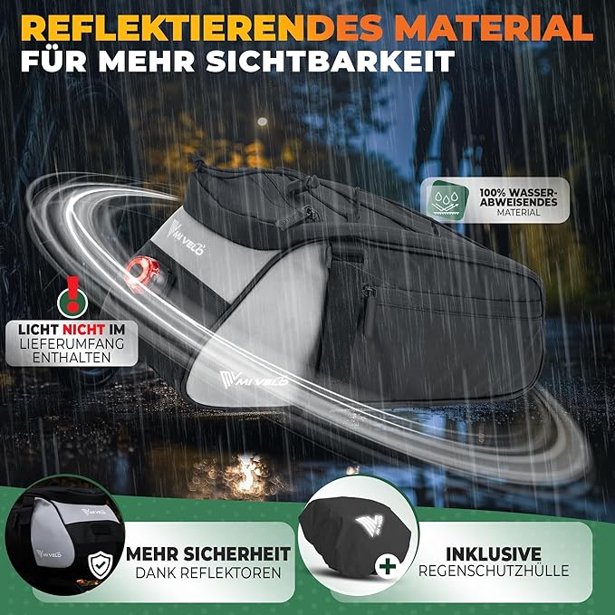 MIVELO Fahrradtasche - wasserdicht & reflektierend - 9 Liter - Schwarz
