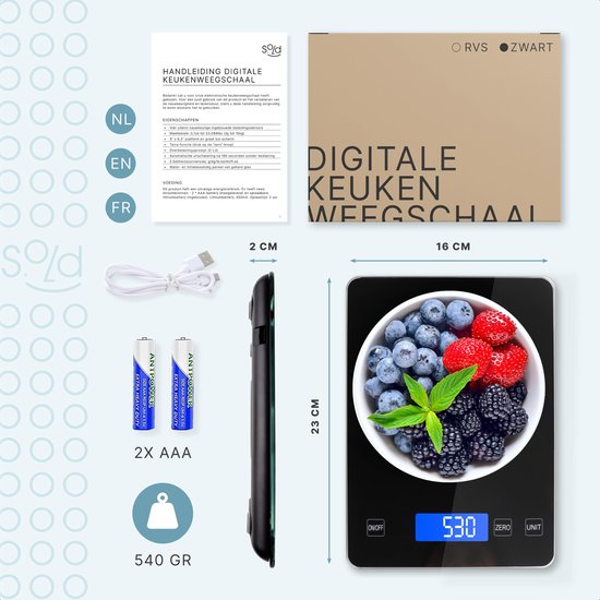 S.old Digitale Küchenwaage - Küchenwaage - USB Wiederaufladbar - 1gr bis 10kg - Tara Funktion - Schwarz