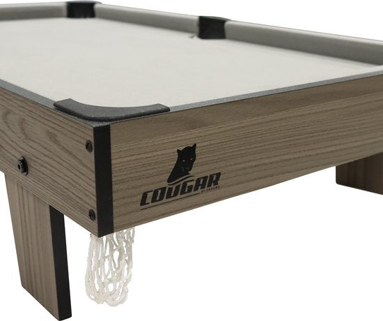 Cougar Billardtisch Mini 3 ft – Kompakter Billardtisch in Eiche/Grau – Aufstellbarer Tisch – Inklusive Kugeln, Queues, Dreieck, Kreide und Bürste