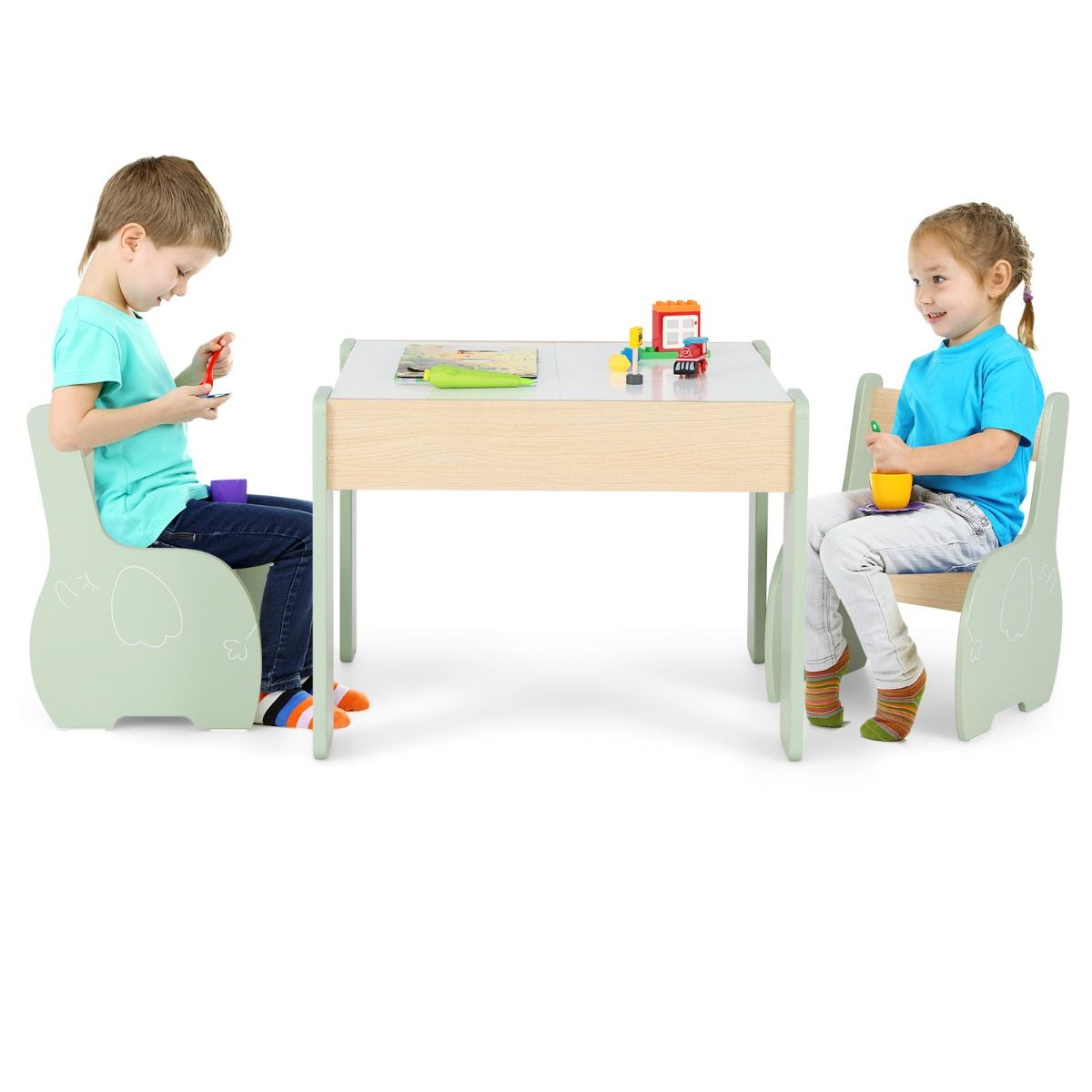 Coast 3-teilige Kindersitzgruppe – 4-in-1-Kindertisch mit 2 Stühlen und Stauraum – grün