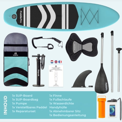 LifeGoods SUP Board - Mit Sitz - Aufblasbares Paddle Board - Komplettset - Max. 135KG - 320x81cm - Mintgrün/Schwarz