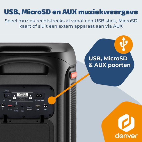 Denver Bluetooth-Lautsprecher Party Box – Disco-Lichter – Partybox – inkl. Mikrofon – Lautsprecher – BPS470