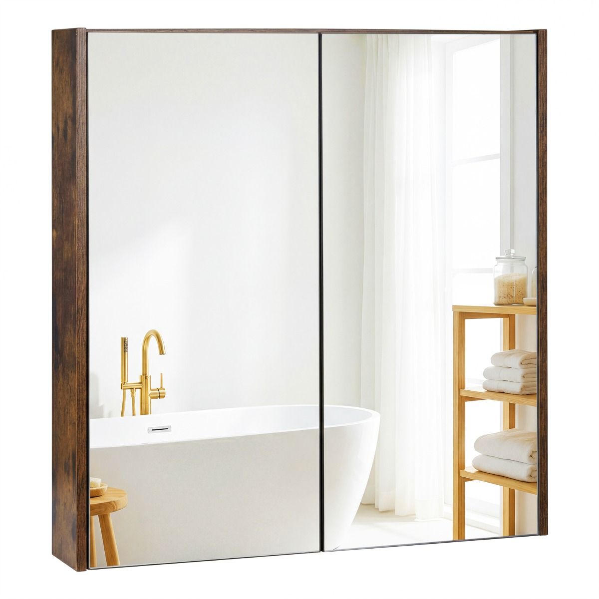 Coast Badezimmerschrank mit Spiegeltüren – großzügiger Stauraum – Wandmontage – weiß/schwarz/rustikales Braun – 62 x 11 x 65 cm