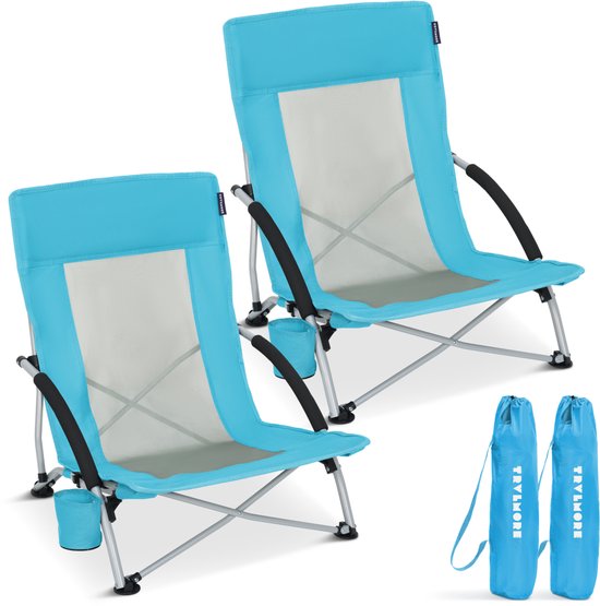 TRVLMORE Strandstühle - 2er Set - Zusammenklappbar und faltbar - 120KG Tragkraft - Leichtgewicht - Mit Tragetasche und Becherhalter - Blau