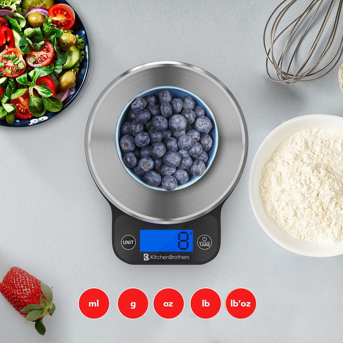 KitchenBrothers Küchenwaage - Waage Küche Digital - 1 g bis 6 kg - Tara Funktion - Batterien enthalten - Edelstahl/Schwarz