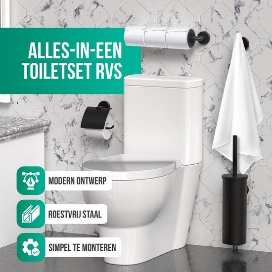 Avalo Toilettenzubehör Set Schwarz 4-teilig - Luxus-Toilettengarnitur - Toilettenbürste mit Halter / Toilettenpapierhalter / Ersatzpapierhalter / Handtuchhaken - inkl. Befestigungsmaterial