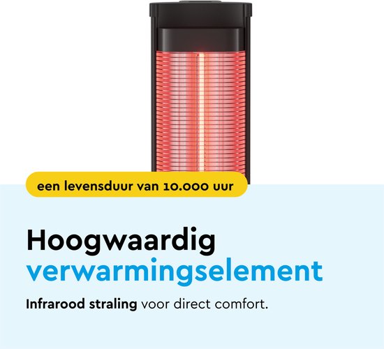 BRASQ Elektrischer Terrassenheizer stehend - 2000 Watt - 3 Heizstufen - mit Fernbedienung und Timer - Infrarotheizung - spritzwassergeschützt - Heizung für innen und außen - Schwarz