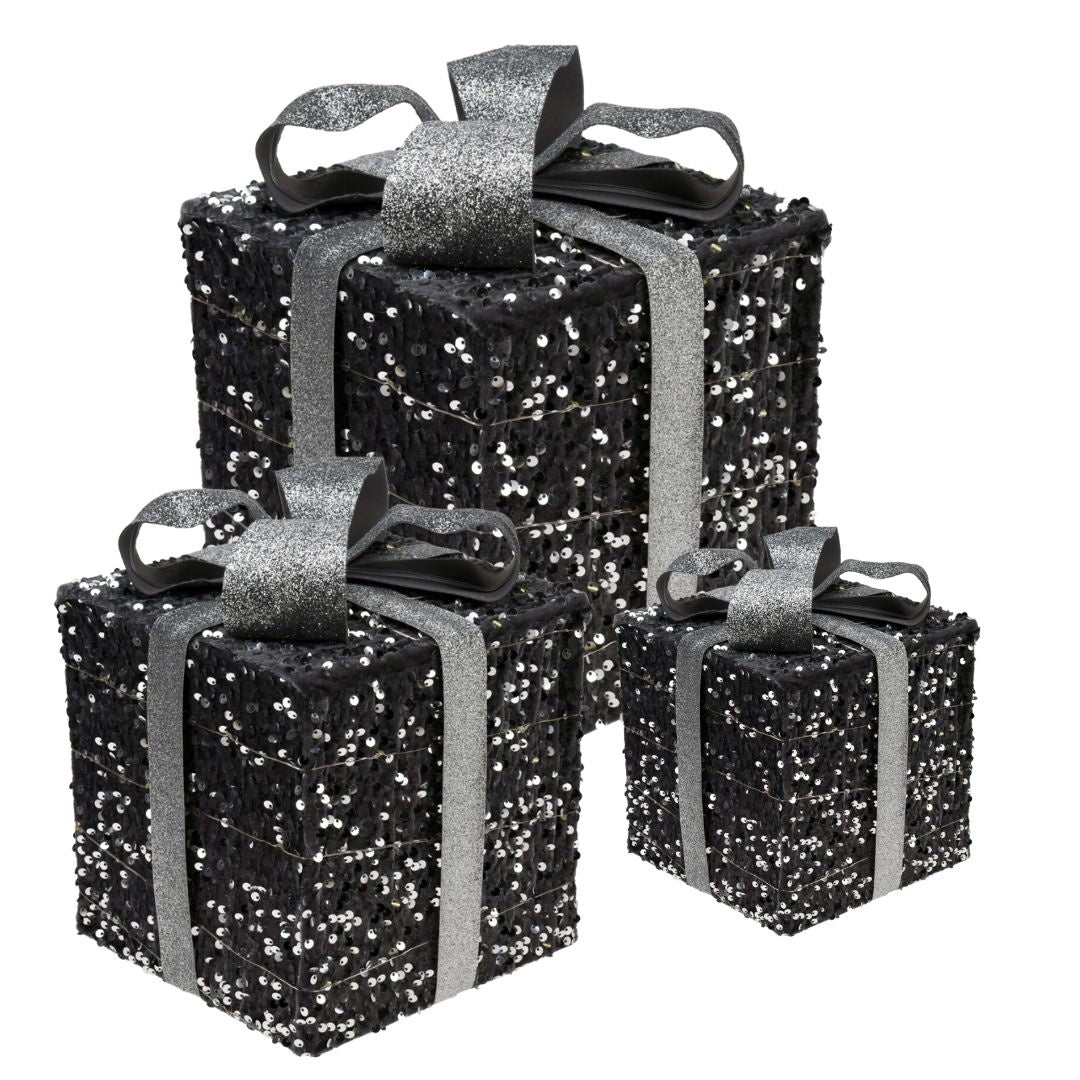 3 beleuchtete Geschenkboxen mit Led - Silber - 15cm, 20cm, 25cm