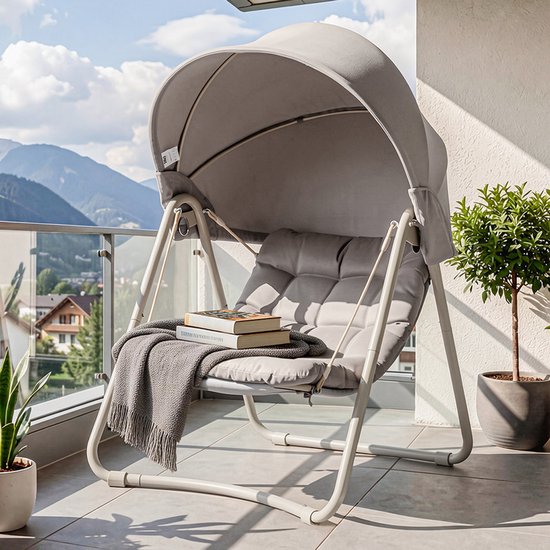 SoBuy OGS62-MI Schaukelstuhl mit verstellbarem Sonnenschirm – Für drinnen und draußen – Hängematte und Gartenstuhl für den Außenbereich – beige, 108 x 126 x 163 cm