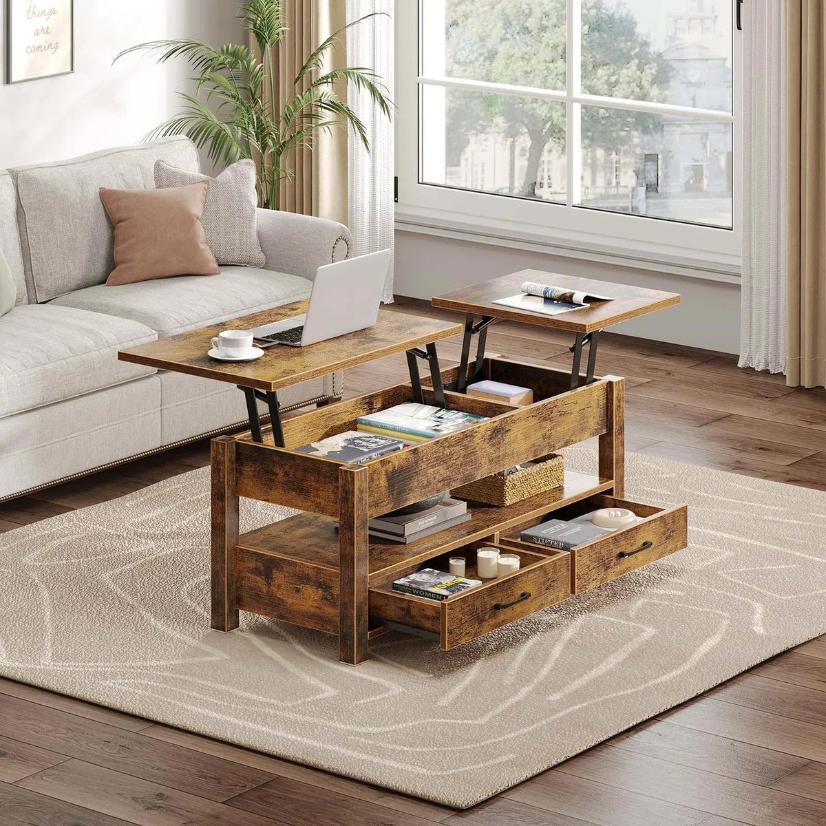 Rolanstar Couchtisch, höhenverstellbar – Dunkelbraun – 100 x 50 x 48 cm – Mit Schubladen, Stauraum