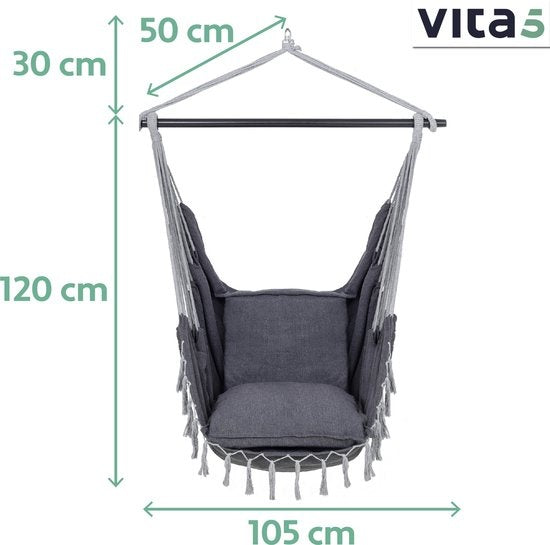 Vita5 XXL Hängesessel | Indoor/Outdoor Hängenest | Inkl. 2 Kissen und Buchbox | Erwachsene & Kinder | Hängesessel bis zu 200kg | Dunkelgrau