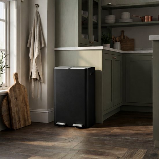 Bayt Mülleimer - Mülleimer 60 Liter (2x30) - Mülleimer 60 Liter - Treteimer 60 Liter - Mülleimer Mülltrennung - Mülleimer 2 Fächer - Mülleimer - Edelstahl - Schwarz/Silber