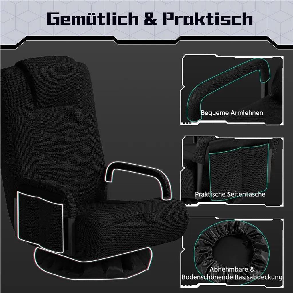 Yaheetech Drehbarer Bodensessel – Schwarz – Zusammenklappbarer Gaming-Sessel mit verstellbarer Rückenlehne