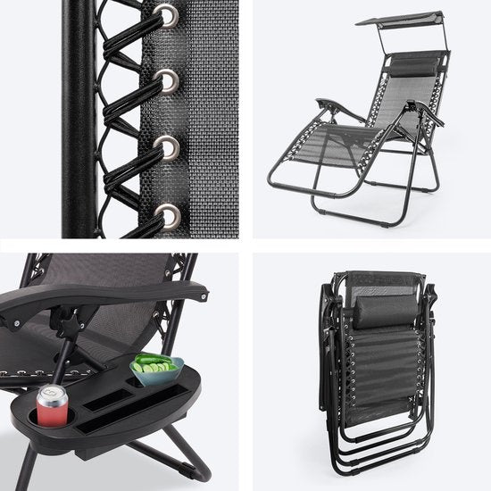 LifeGoods Faltbare Gartenstühle - mit Sonnendach - Verstellbarer Sonnenschirm - 2 Stück - 30Â°-90Â° verstellbar - Metall - Schwarz