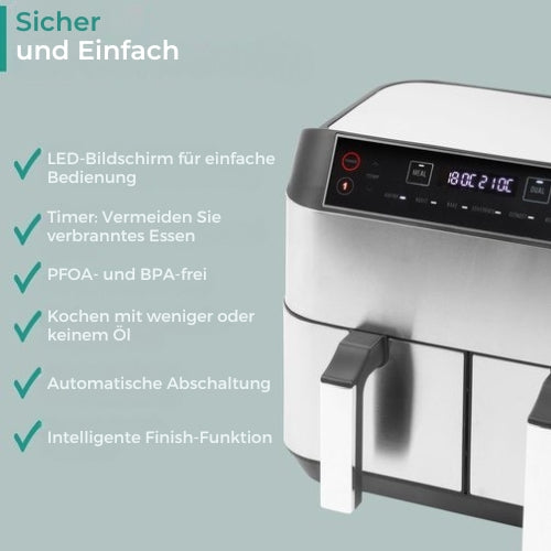 Niceey Double Airfryer - XXL - Zwei Garräume - 8,0 Liter - 2460 Watt - Heißluftfritteuse - inkl. Kochbuch - Silber
