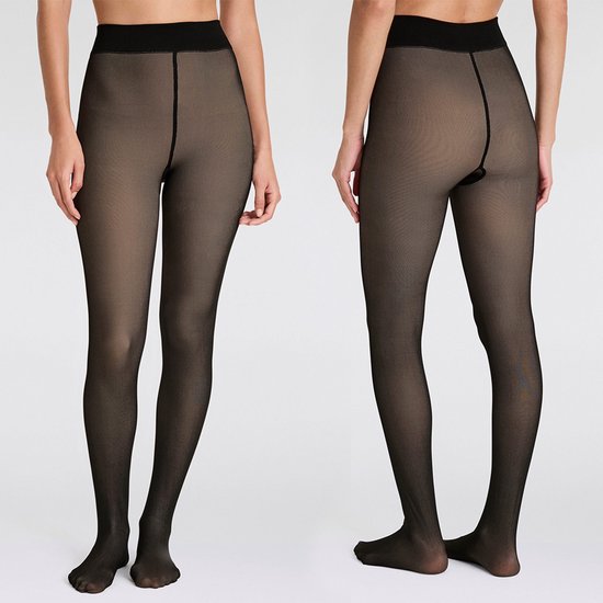 Fleece-Strumpfhose – Schwarz/Nude – Größe L/XL – Hautfarbene Thermo-Strumpfhose – Laufmaschenfrei – Fleece-Leggings für Damen