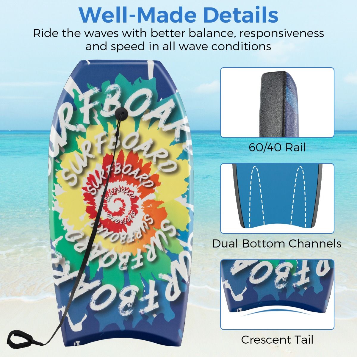 Coast Bodyboard für Kinder – leichtes Surfbrett – mit Handschlaufe – 84 cm – blau