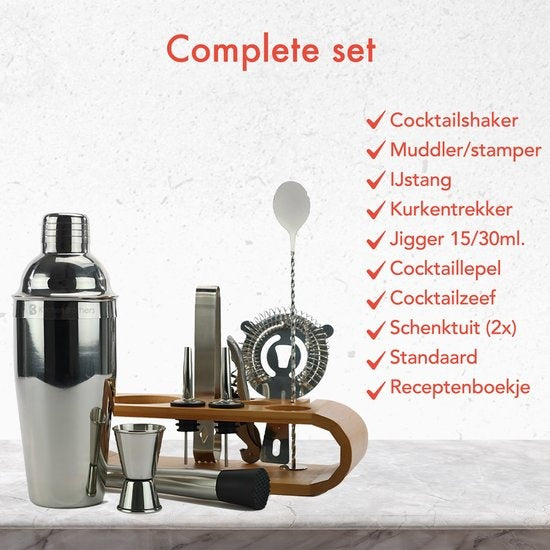 KitchenBrothers Cocktail Set mit Cocktail Shaker - 11 Teile - Komplettset - Geschenkverpackung - Naturholz