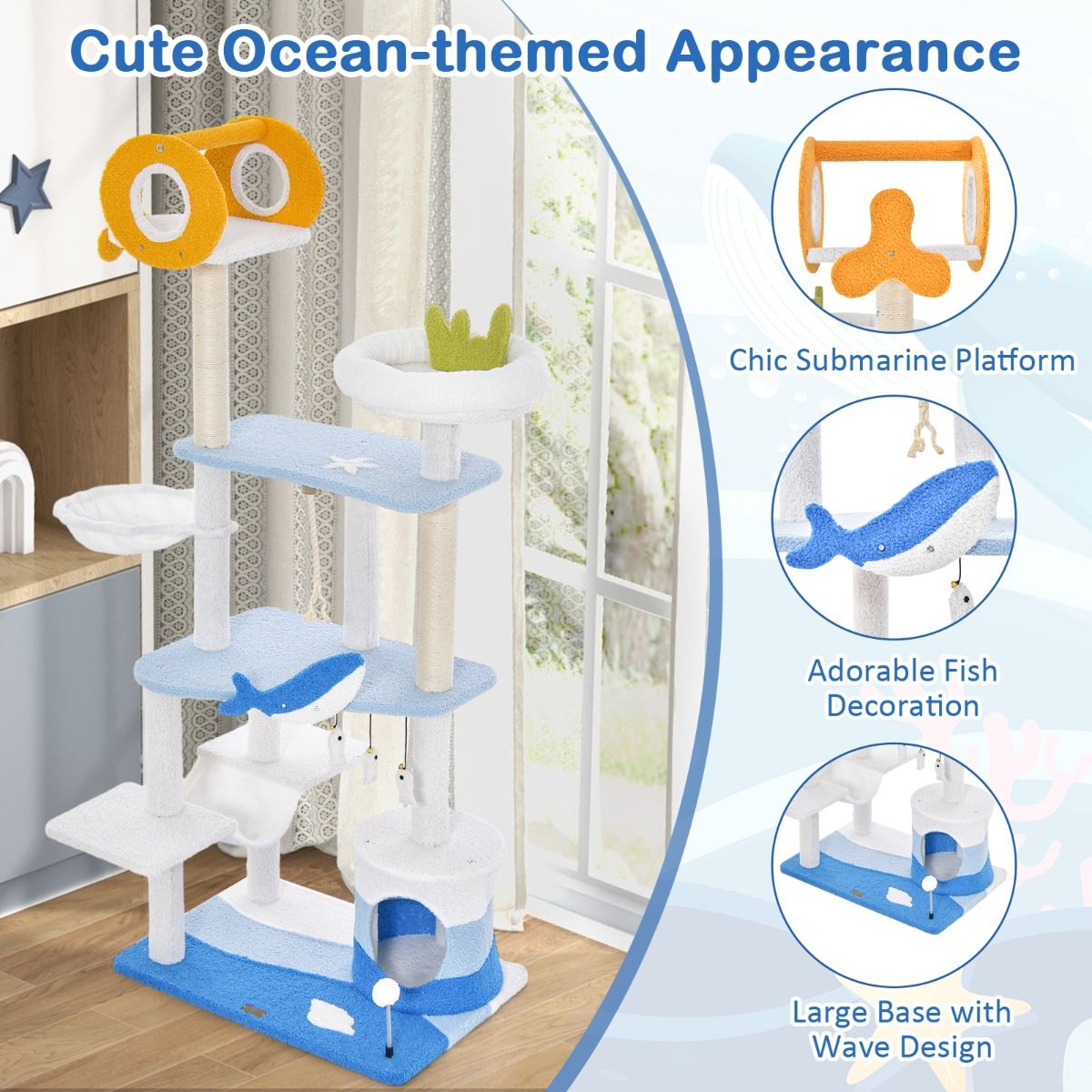 coast Kratzbaum Katzen - Blau - 69 x 49 x 168 cm - Sisal, Vlies & Holzplattform | Hängespielzeug & Sitzstangen