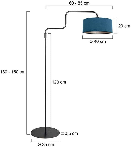 Schwarze Stehleuchte Bloeba 4169ZW von Steinhauer mit verstellbarer Höhe (150-165 cm) und ausziehbarem Schwenkarm bis 66 cm, Metallfuß mit blauem Veloursschirm Ø40cm, trendiges Design für Innenräume.