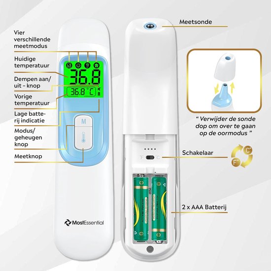 MostEssential Premium Fieberthermometer - Ohrthermometer - Infrarotthermometer - Stirnthermometer - Körperthermometer - Fieberthermometer für Erwachsene, Kinder und Babys - berührungslos - 20D