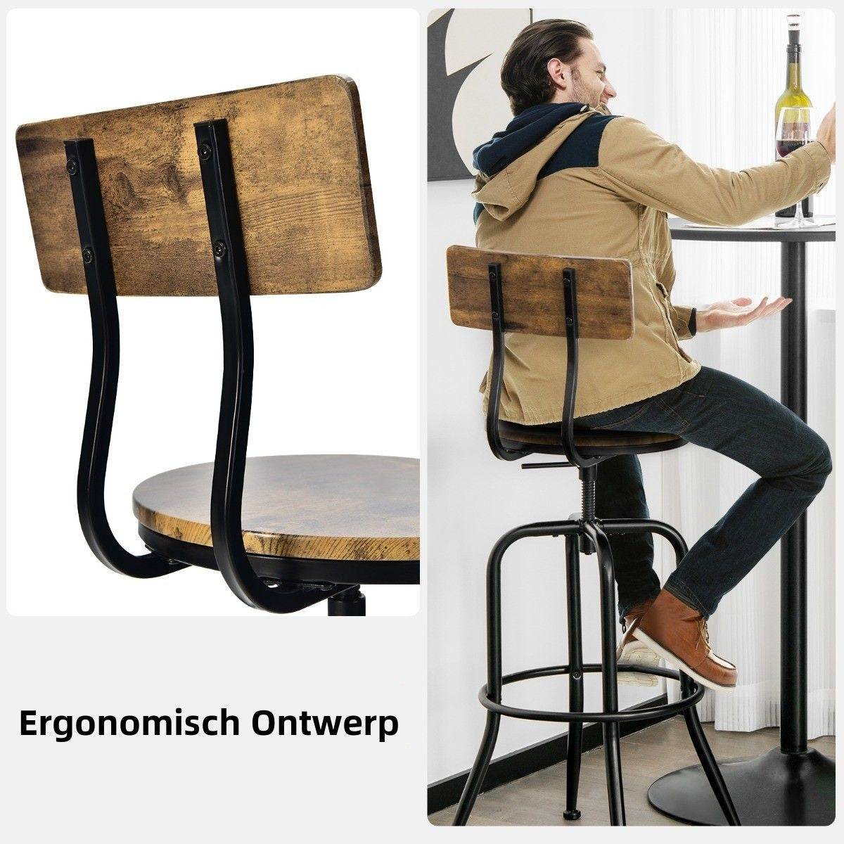 Coast Barstuhl 2er Set - Industriel - Barhocker - drehbar und höhenverstellbar - braun