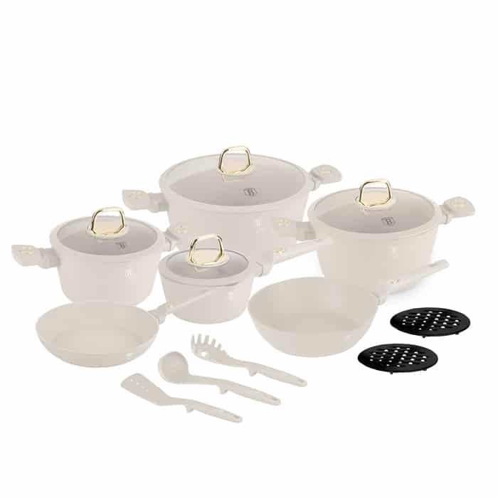Berlinger Haus Sahara Kochgeschirrset, 15-teilig – Induktionsgeeignet – Antihaftbeschichtung – Creme/Gold