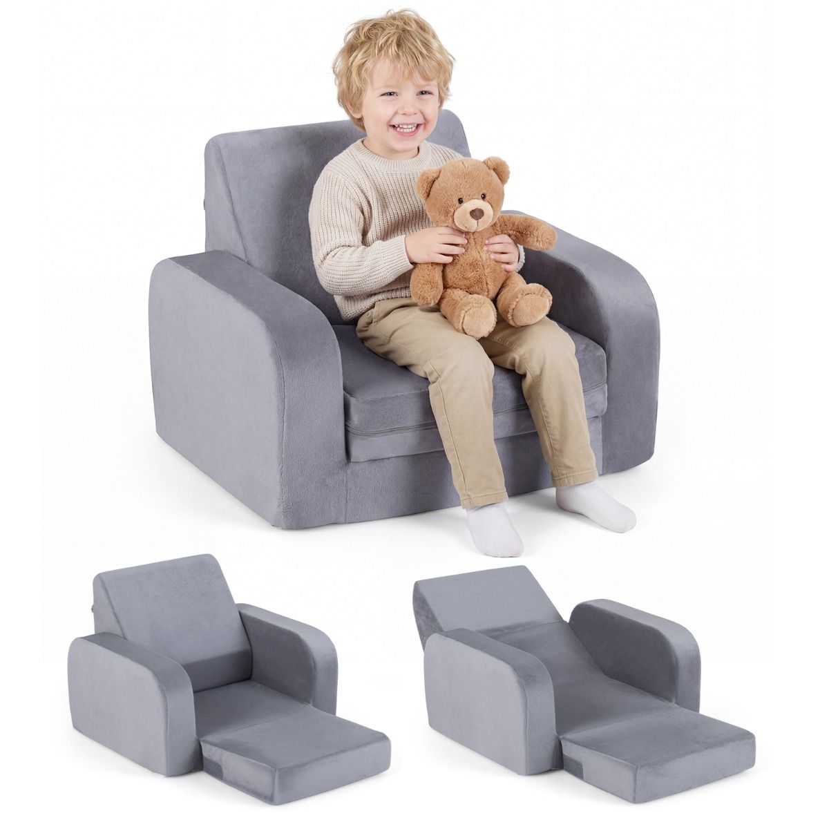 Coast Klappbare Kinderbank – 3-in-1-Kinderbank, Loungesessel und Kinderbett – Ultraweiches Kristallvelours – Grau
