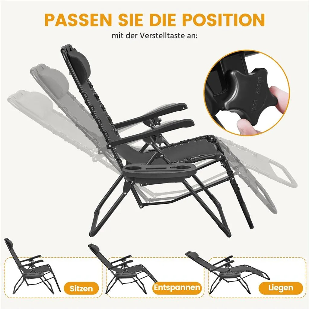 Yaheetech Zero Gravity Chairs 2er-Set - Dunkelgrau - Klappbare Liegen 166 × 63,5 × 67 cm mit Kopfkissen und Tassenhalterung