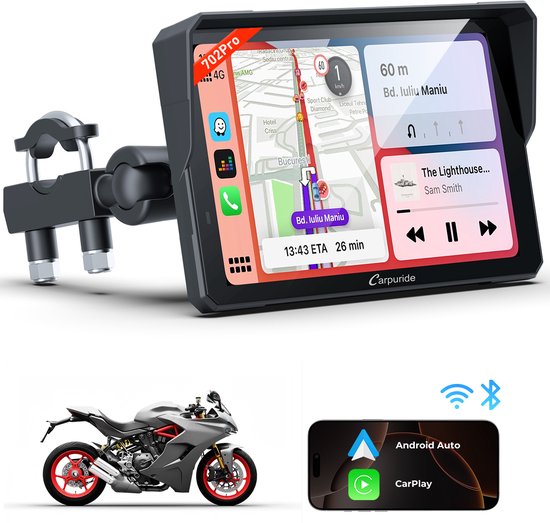 CARPURIDE W702 Pro – CarPlay-Bildschirm für Motorräder – Intercom-Funktion – Kompass – Barometer – Touchscreen – Musik teilen – Dual-Bluetooth